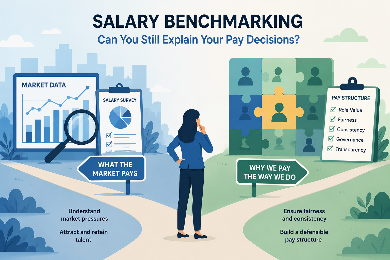 Salary benchmarking illustration showing market pay data, pay decisions and organisational pay governance.