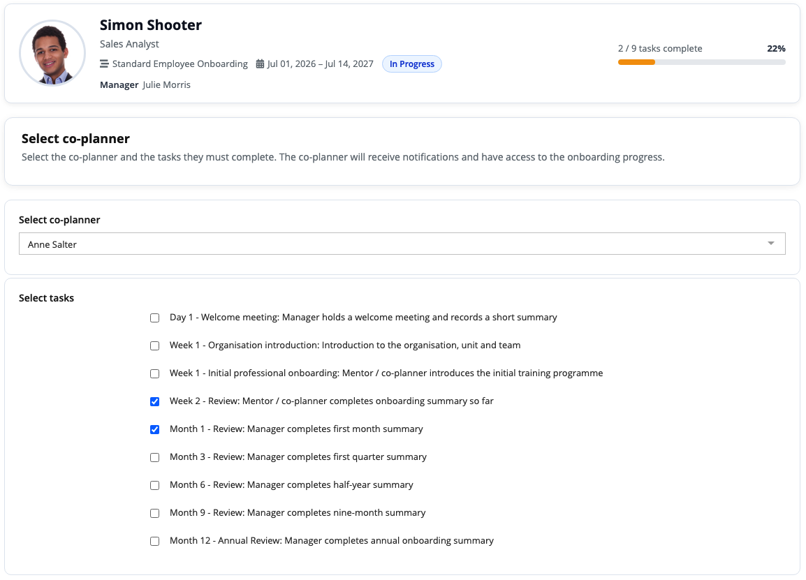 Assigning Onboarding Tasks and Responsibilities | Pilat HR Complex onboarding software showing a manager assigning onboarding tasks to a co-planner while maintaining oversight of employee progress