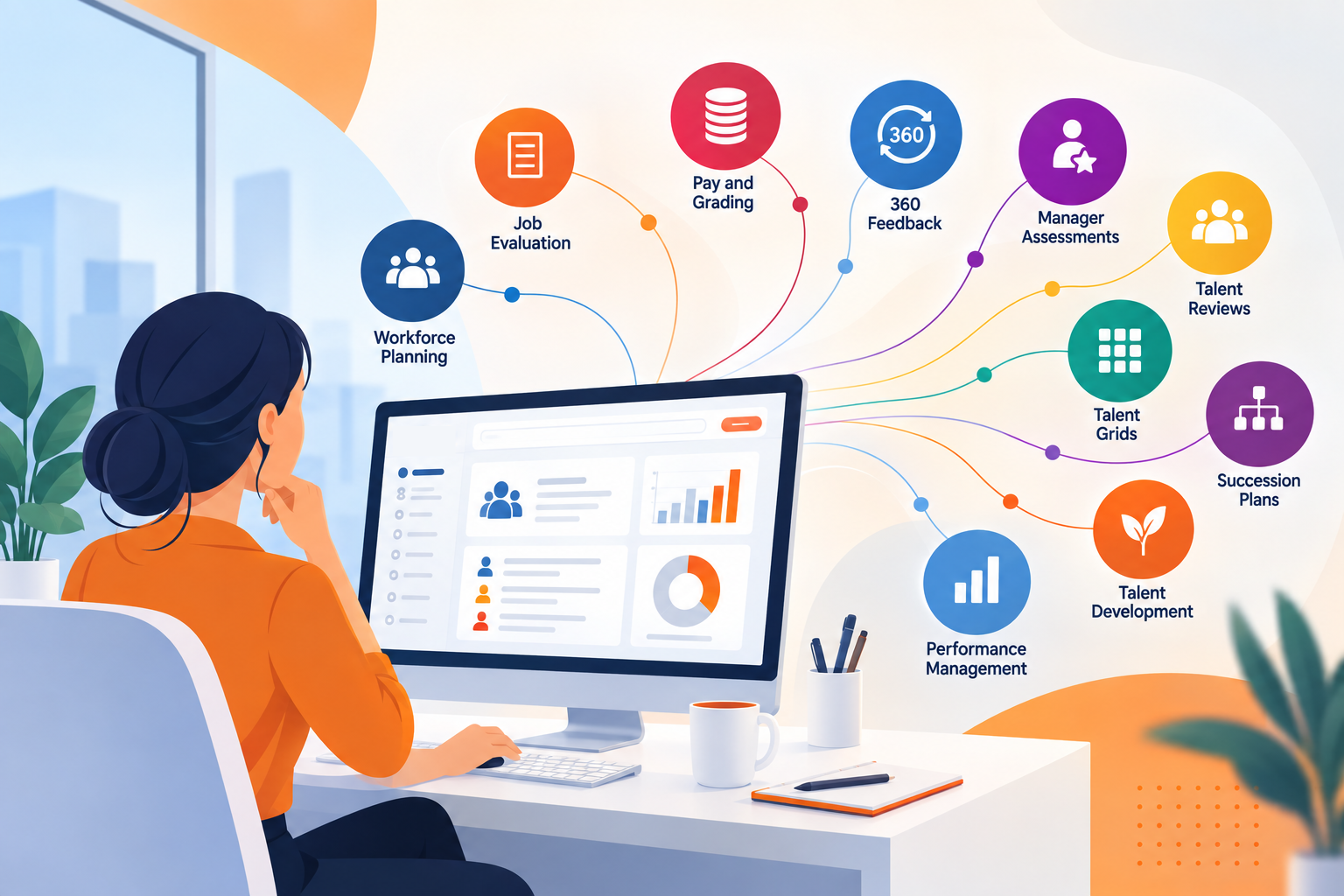 HR technology illustration showing connected talent, performance, job evaluation, pay and 360 feedback processes.